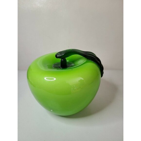 Vintage Hand Blown Art Glass Large Green Apple Murano Style Decorative Fruit 8" - Picture 4 of 7